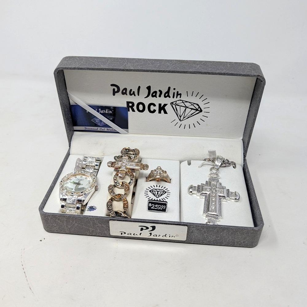 Paul Jardin Rock 4pc Jewelry Set Watch Bracelet Ring Cross Necklace Silver Tone